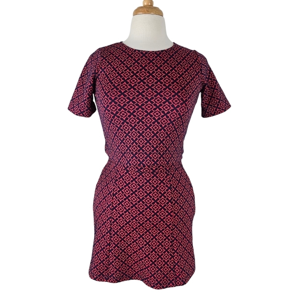 AQUA 2 Piece Crop Top Skirt Set Navy/Red Damask Print Short Sleeve Size L